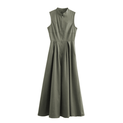 sleeveless bodycon midi dress with zipper and pleated design for women