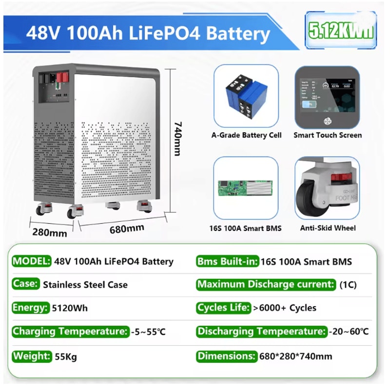 48V LiFePO4 Battery Pack 600Ah 30KWh With Wheels And Bluetooth BMS 4