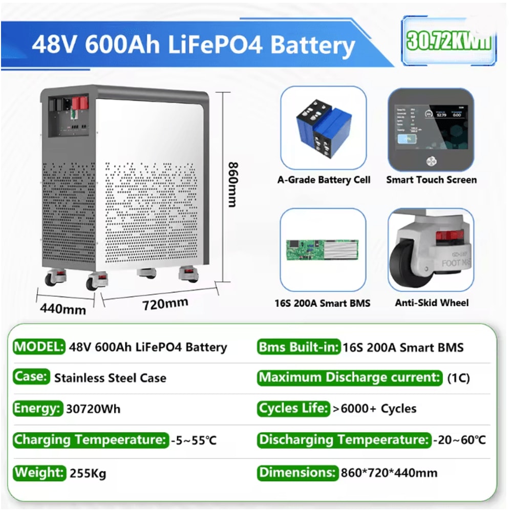 48V LiFePO4 Battery Pack 600Ah 30KWh With Wheels And Bluetooth BMS 6