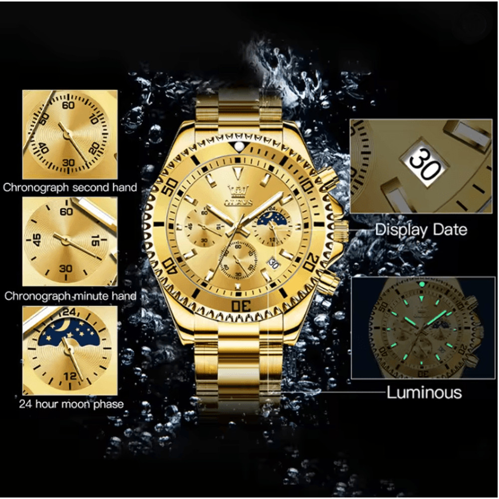 OLEVS Luxury Mens Watch Stainless Steel Chronograph Waterproof With Moon Phase 1