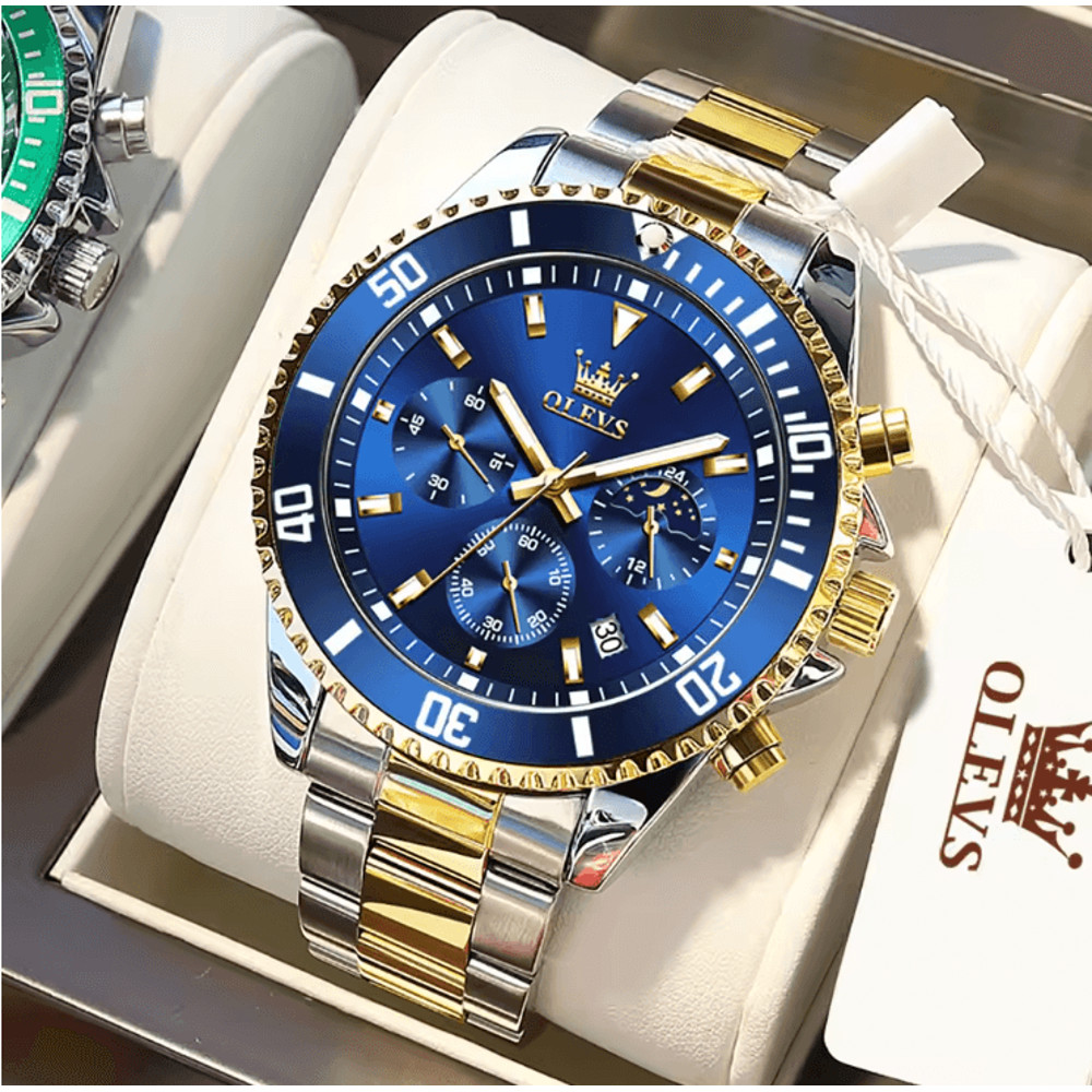 OLEVS Luxury Mens Watch Stainless Steel Chronograph Waterproof With Moon Phase 3