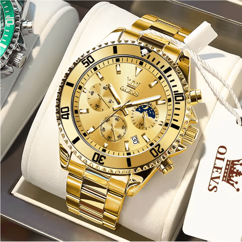 OLEVS Luxury Mens Watch Stainless Steel Chronograph Waterproof With Moon Phase 4
