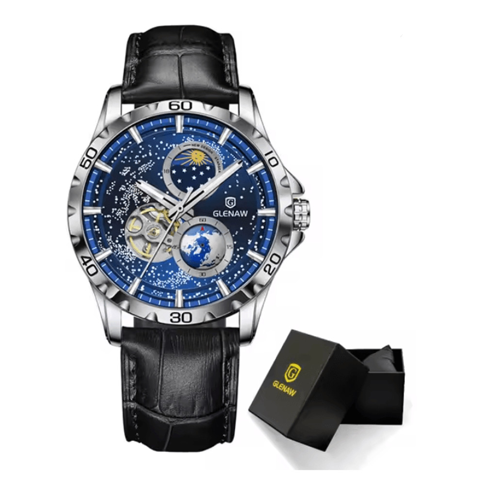GLENAW Automatic Mechanical Watch With Rotating Earth Dial And Leather Strap 2