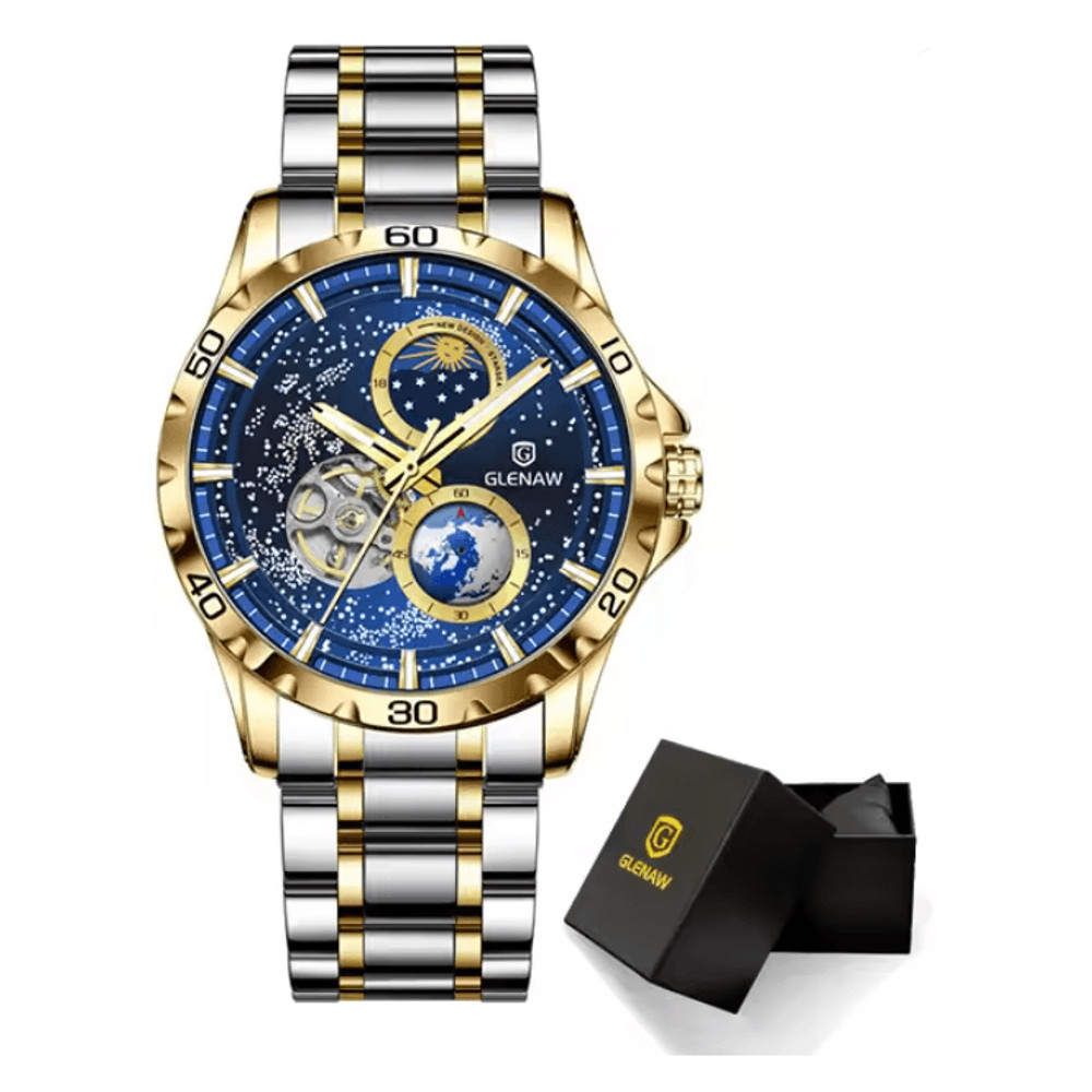 GLENAW Automatic Mechanical Watch With Rotating Earth Dial And Leather Strap 3