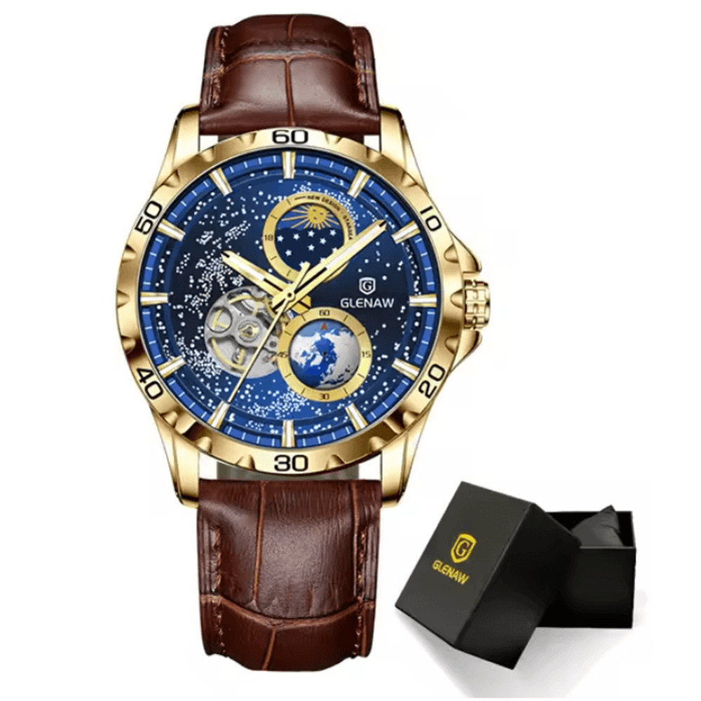 GLENAW Automatic Mechanical Watch With Rotating Earth Dial And Leather Strap 5