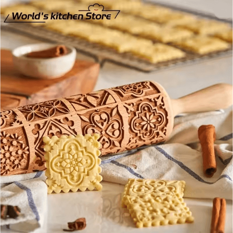 FrostCraft Christmas Embossed Wooden Rolling Pin For Holiday Cookie Designs 0