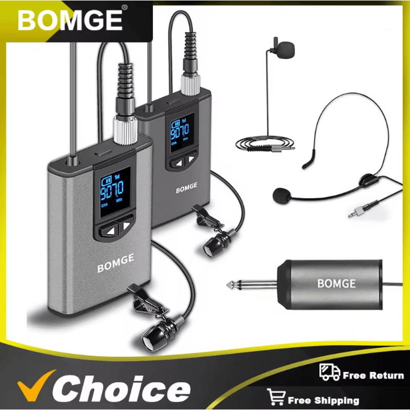 BOMGE Dual Wireless Microphone System With Headset And Lavalier Mics 0