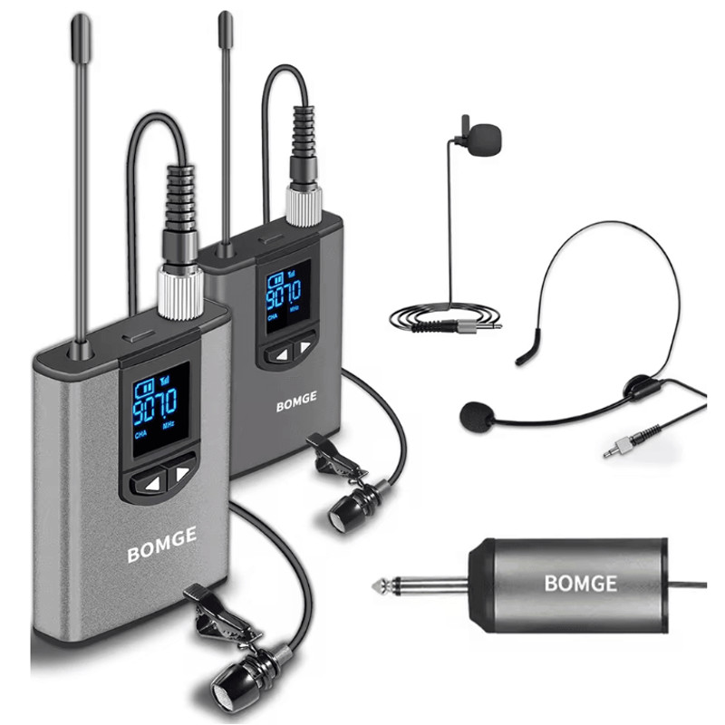 BOMGE Dual Wireless Microphone System With Headset And Lavalier Mics 5