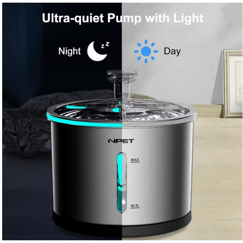PureFlow Stainless Steel Cat Water Fountain With LED Indicator And Filtered Flow 1