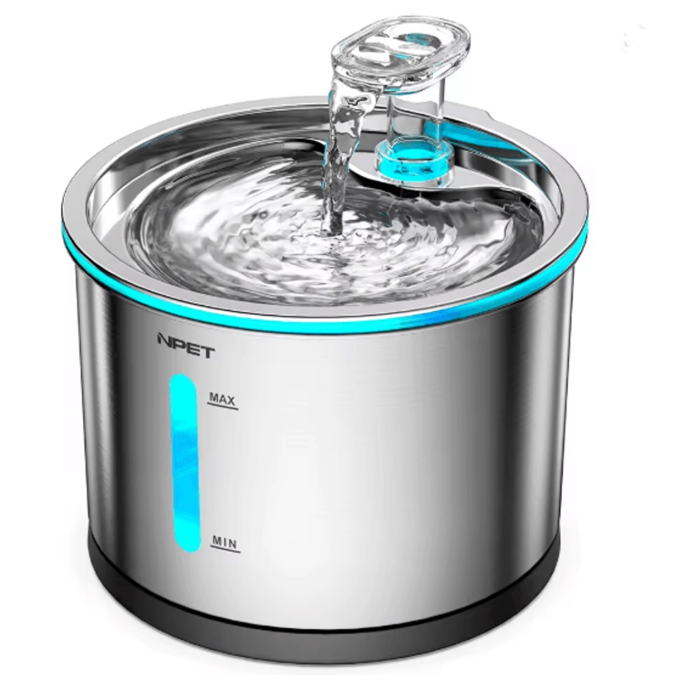 PureFlow Stainless Steel Cat Water Fountain With LED Indicator And Filtered Flow 0