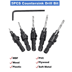 prodrill 5 piece woodworking countersink and chamfer drill bit set