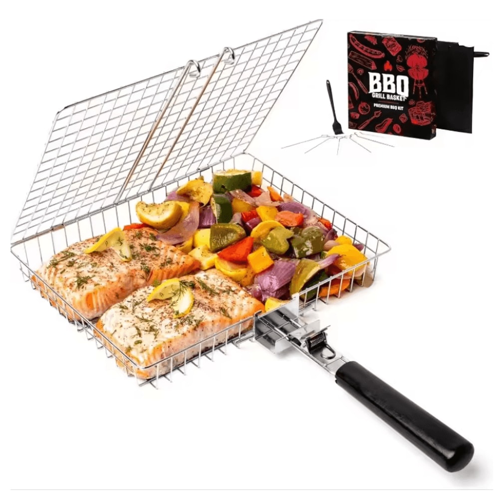 GrillMate Portable Folding BBQ Grill Basket With Handle 0