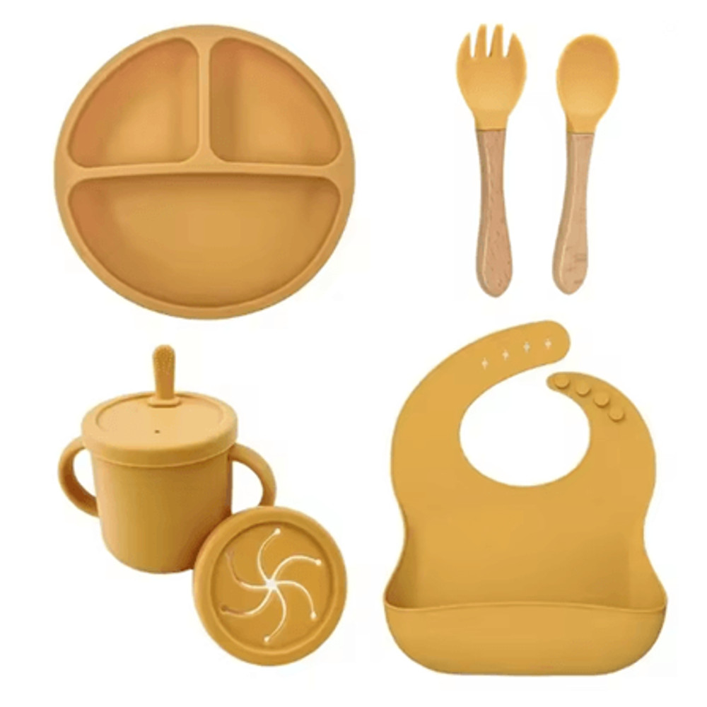LittleNest Silicone Baby Feeding Set NonSlip Suction Plate Straw Cup Wooden Utensils For Toddlers 5