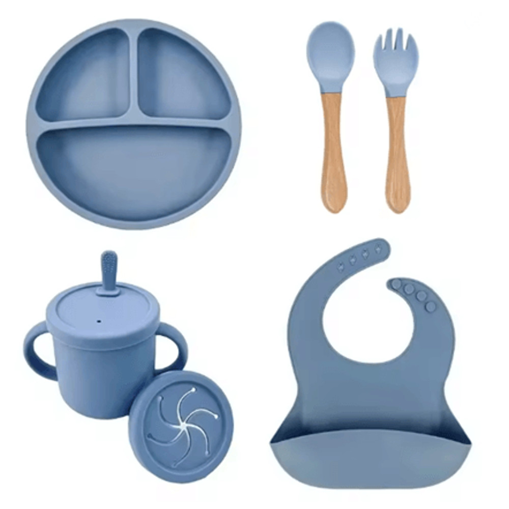 LittleNest Silicone Baby Feeding Set NonSlip Suction Plate Straw Cup Wooden Utensils For Toddlers 6