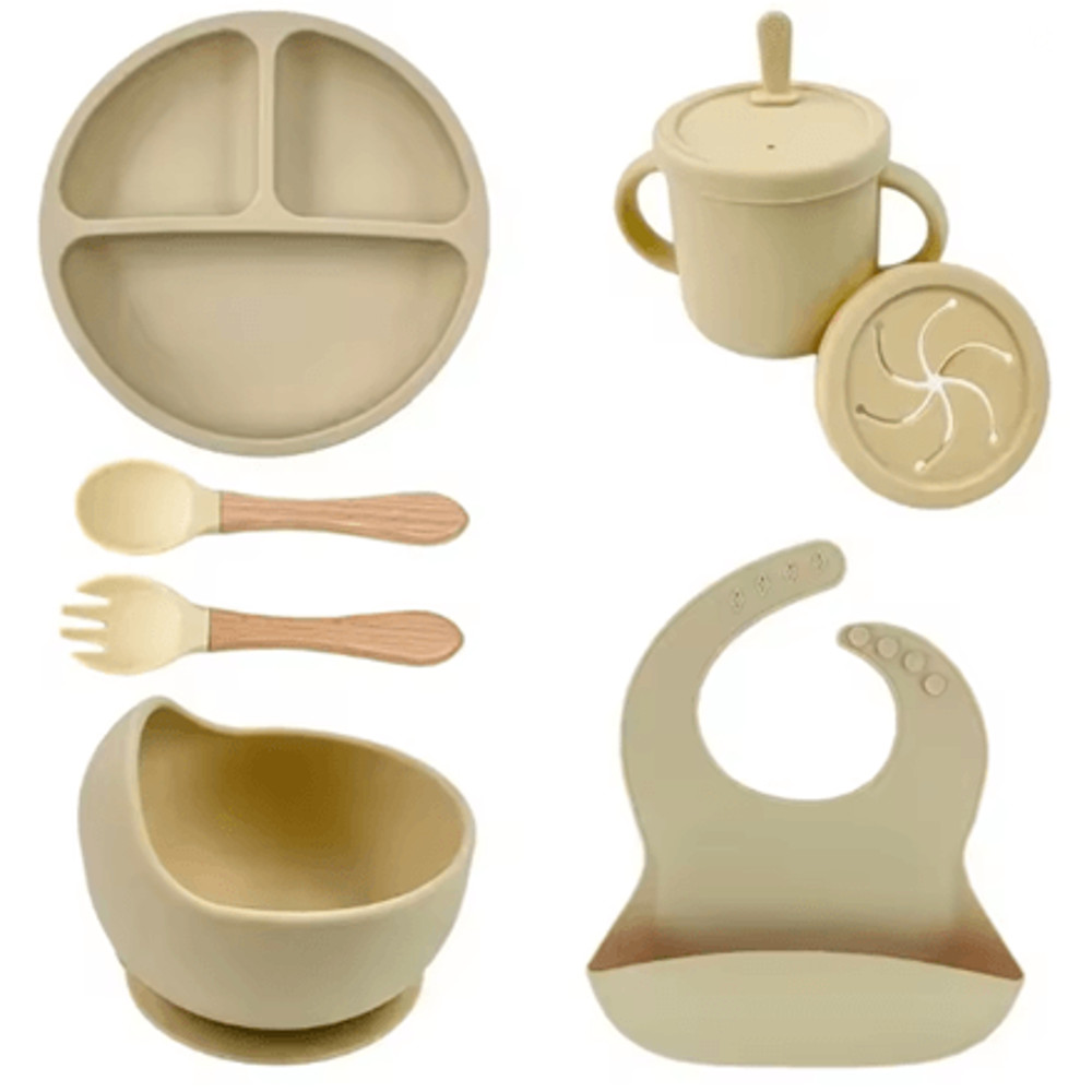 LittleNest Silicone Baby Feeding Set NonSlip Suction Plate Straw Cup Wooden Utensils For Toddlers 8