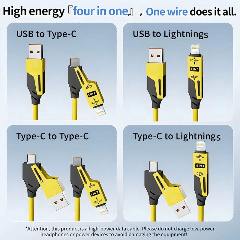 PowerLink 4 In 1 65W Fast Charging Cable Multi Port USB Type C Charger For IPhone Samsung Xiaomi H 1