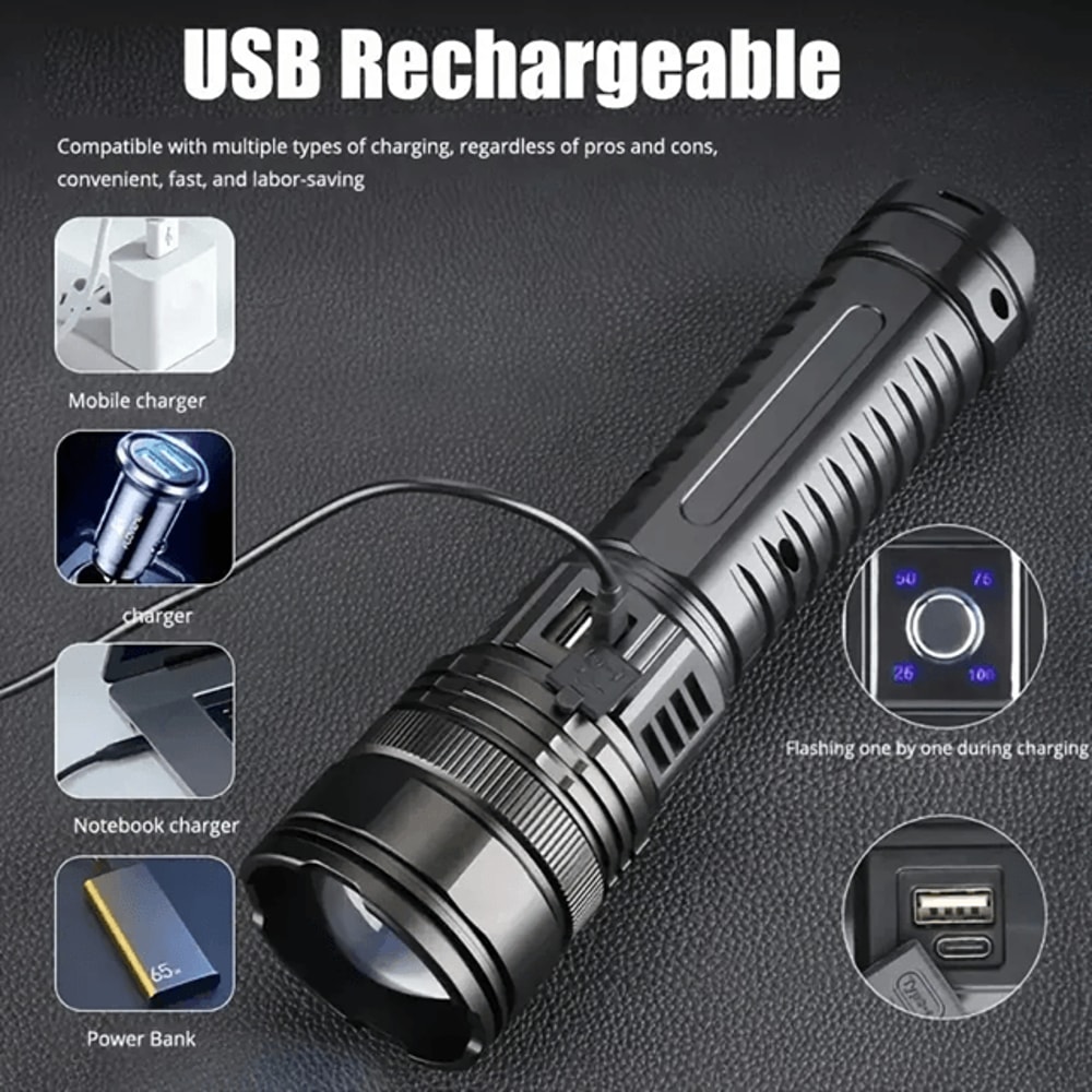 TitanBeam 10000W Rechargeable LED Tactical Flashlight Long Range Emergency Spotlight Torch 1