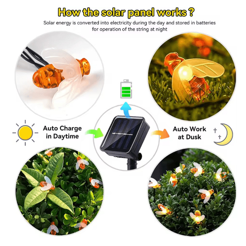 HoneyGlow Solar Bee String Lights Outdoor Garden Decor 20 LED 1