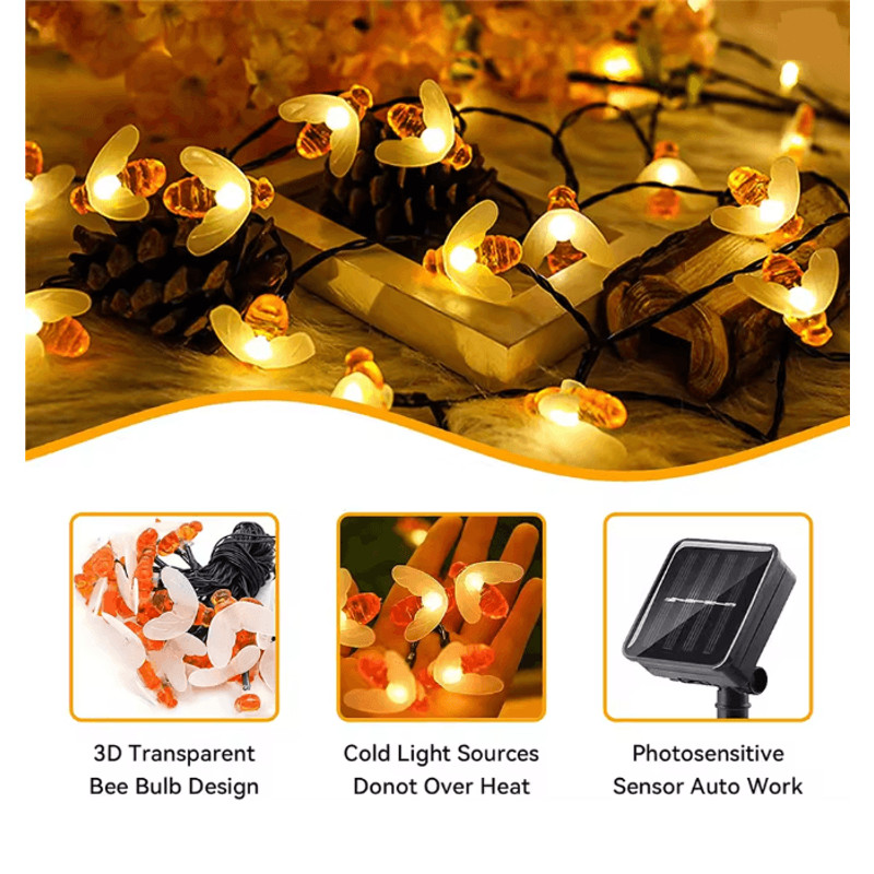 HoneyGlow Solar Bee String Lights Outdoor Garden Decor 20 LED 2