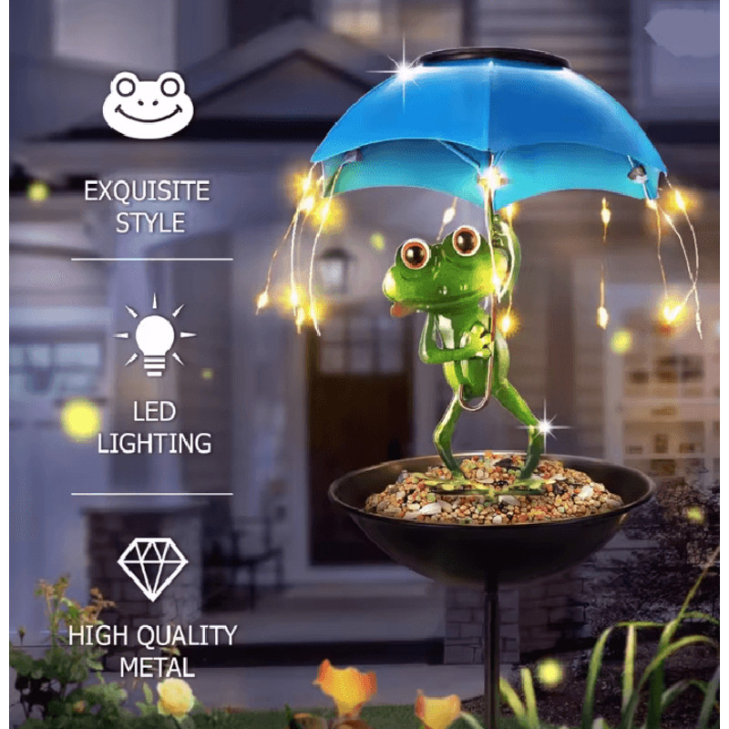 FrogGlow Solar Frog Garden Light With Umbrella And Bird Feeder Decor 1