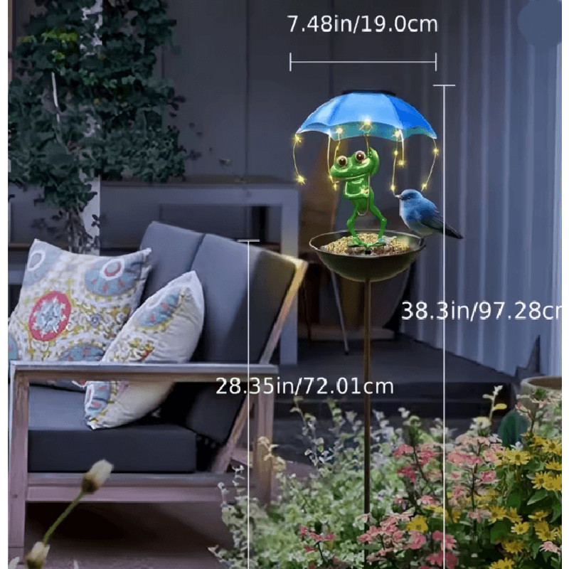 FrogGlow Solar Frog Garden Light With Umbrella And Bird Feeder Decor 2