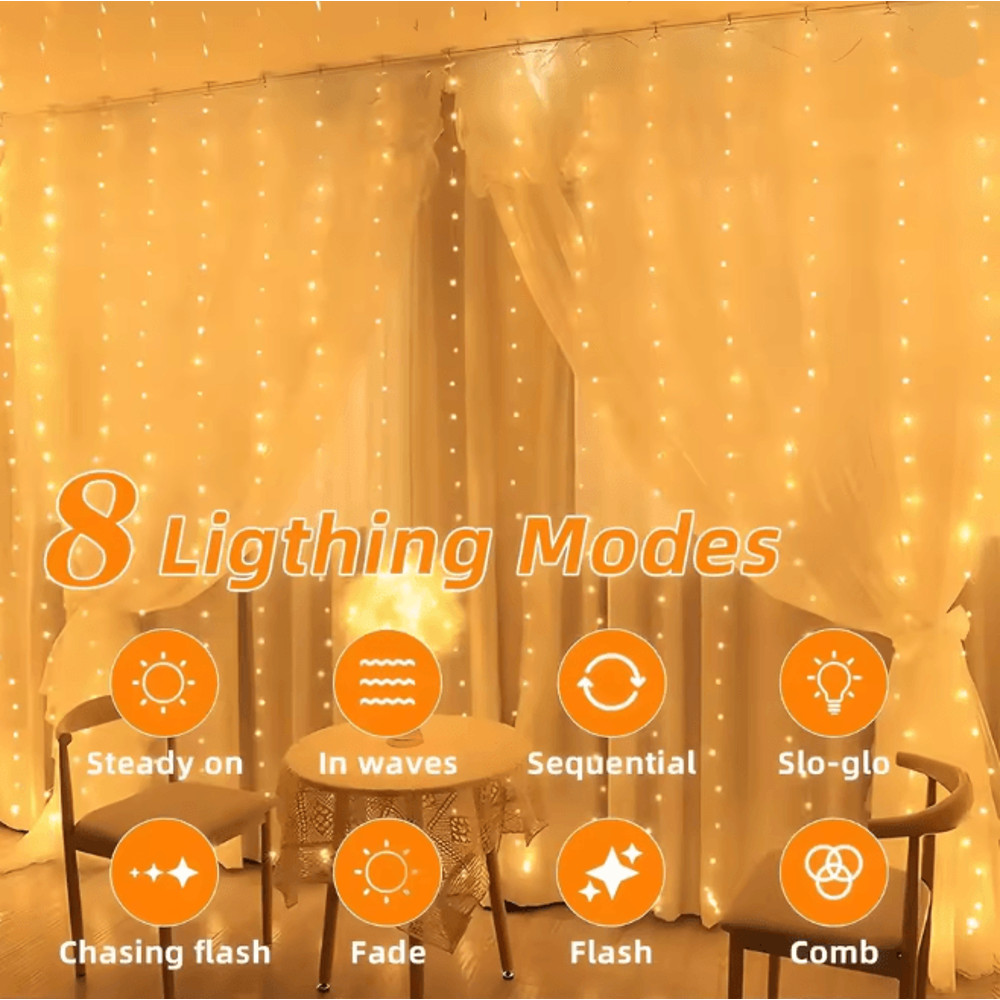LumiGlow Solar Curtain String Lights 300 LED Outdoor Waterproof Garland 1