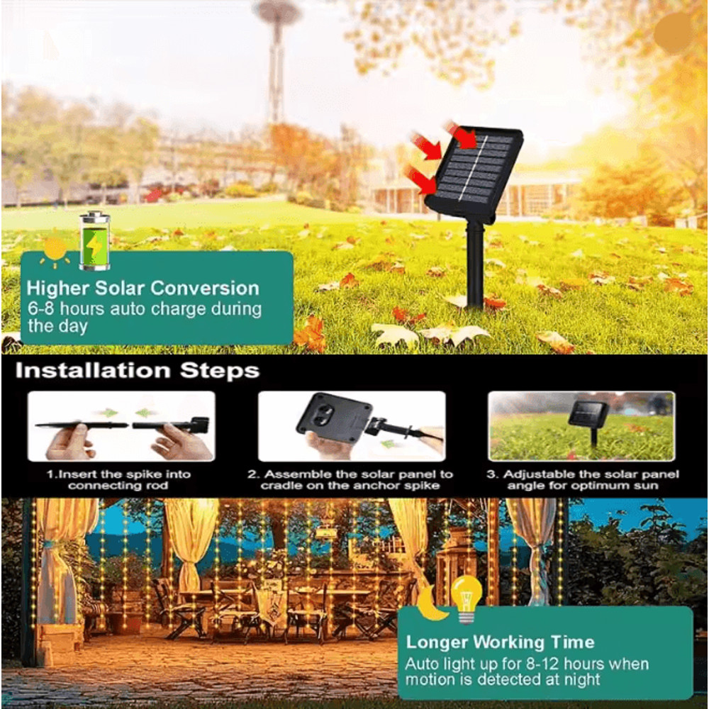 LumiGlow Solar Curtain String Lights 300 LED Outdoor Waterproof Garland 2