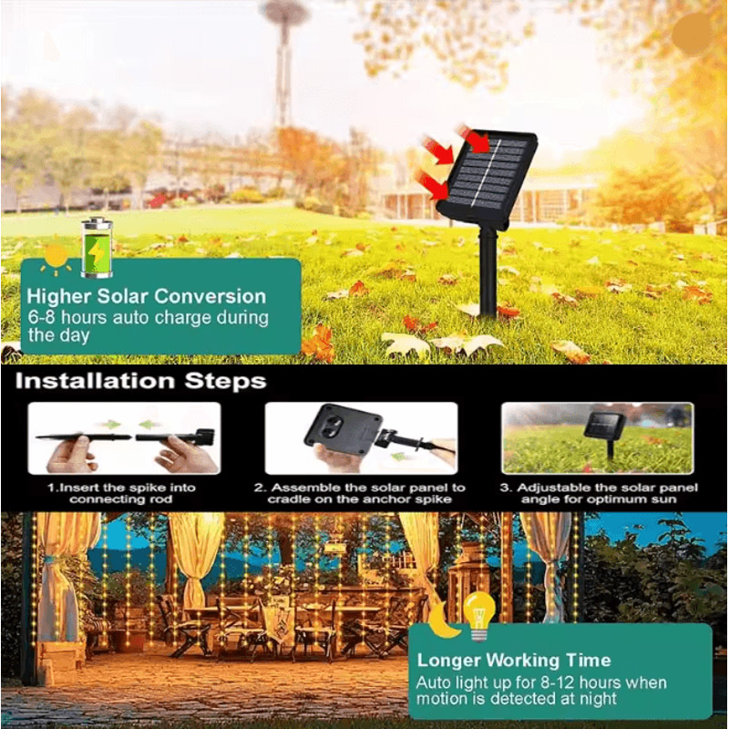 LumiGlow Solar Curtain String Lights 300 LED Outdoor Waterproof Garland 2