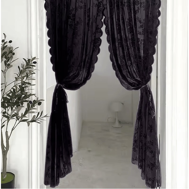 Velora Black Floral Lace Sheer Curtain Panel 0