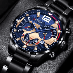 stainless steel quartz watch for men with calendar and luminous display