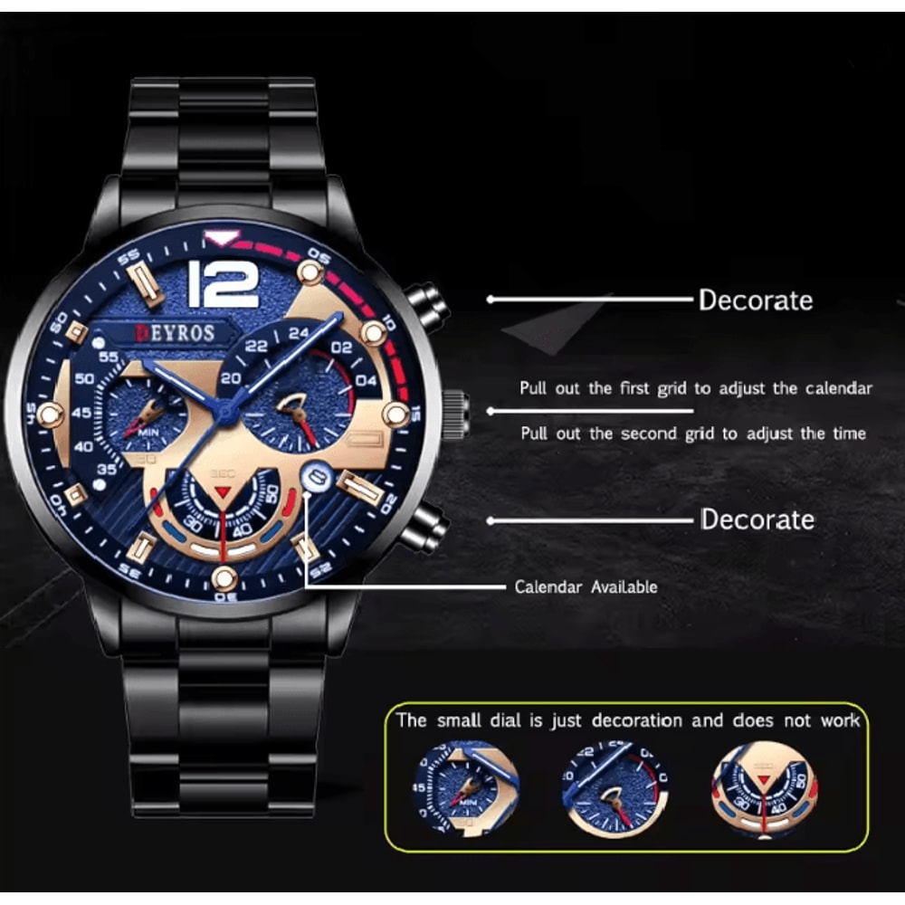 Stainless Steel Quartz Watch For Men With Calendar And Luminous Display 1