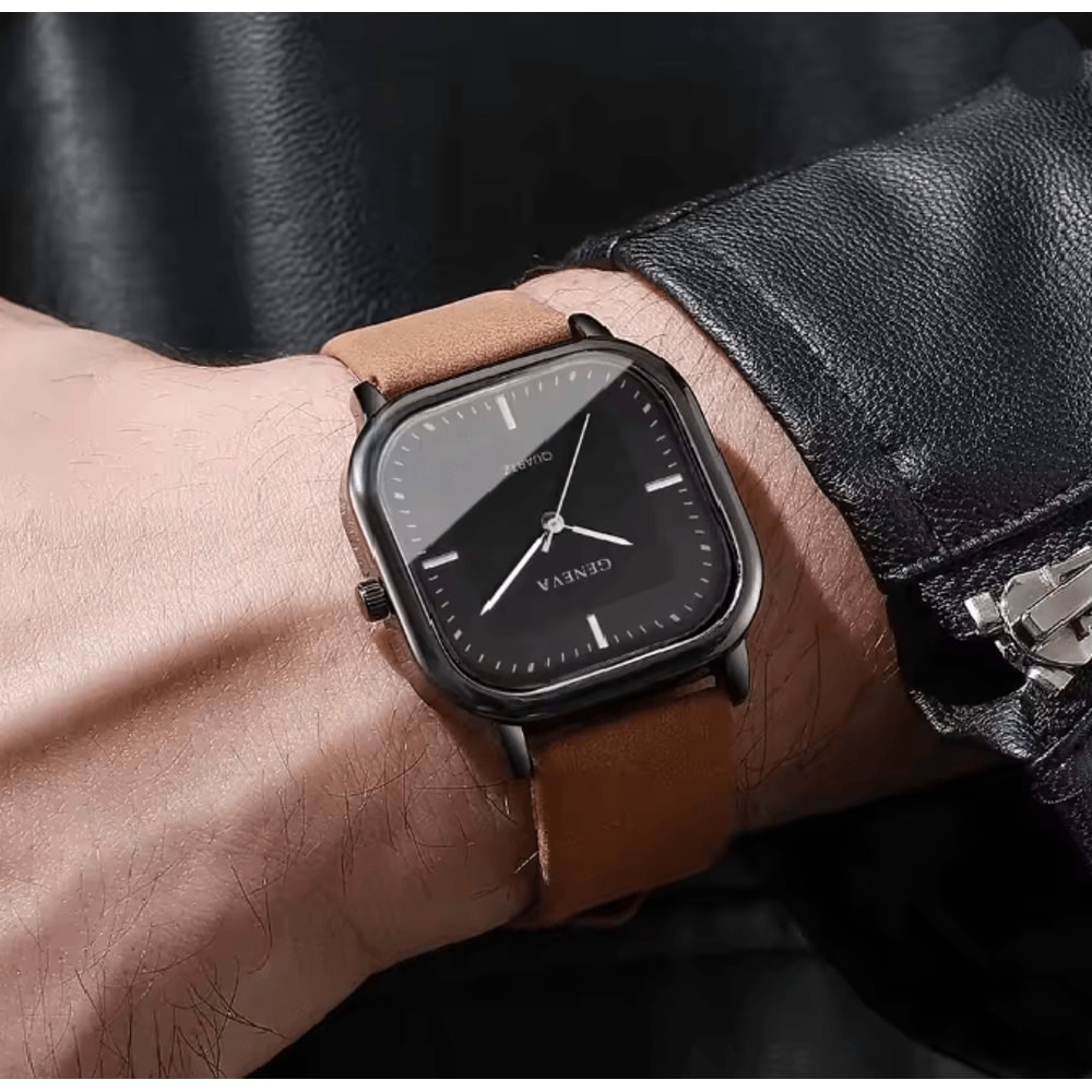 Square Minimalist Leather Strap Quartz Watch For Men 2