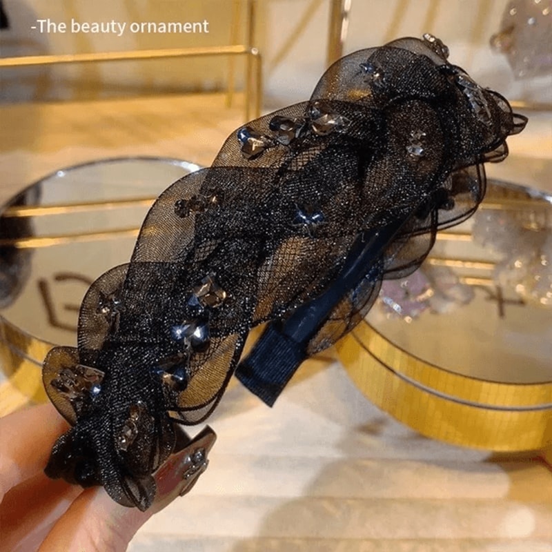 Elegant Black Gauze Rhinestone Headband 4