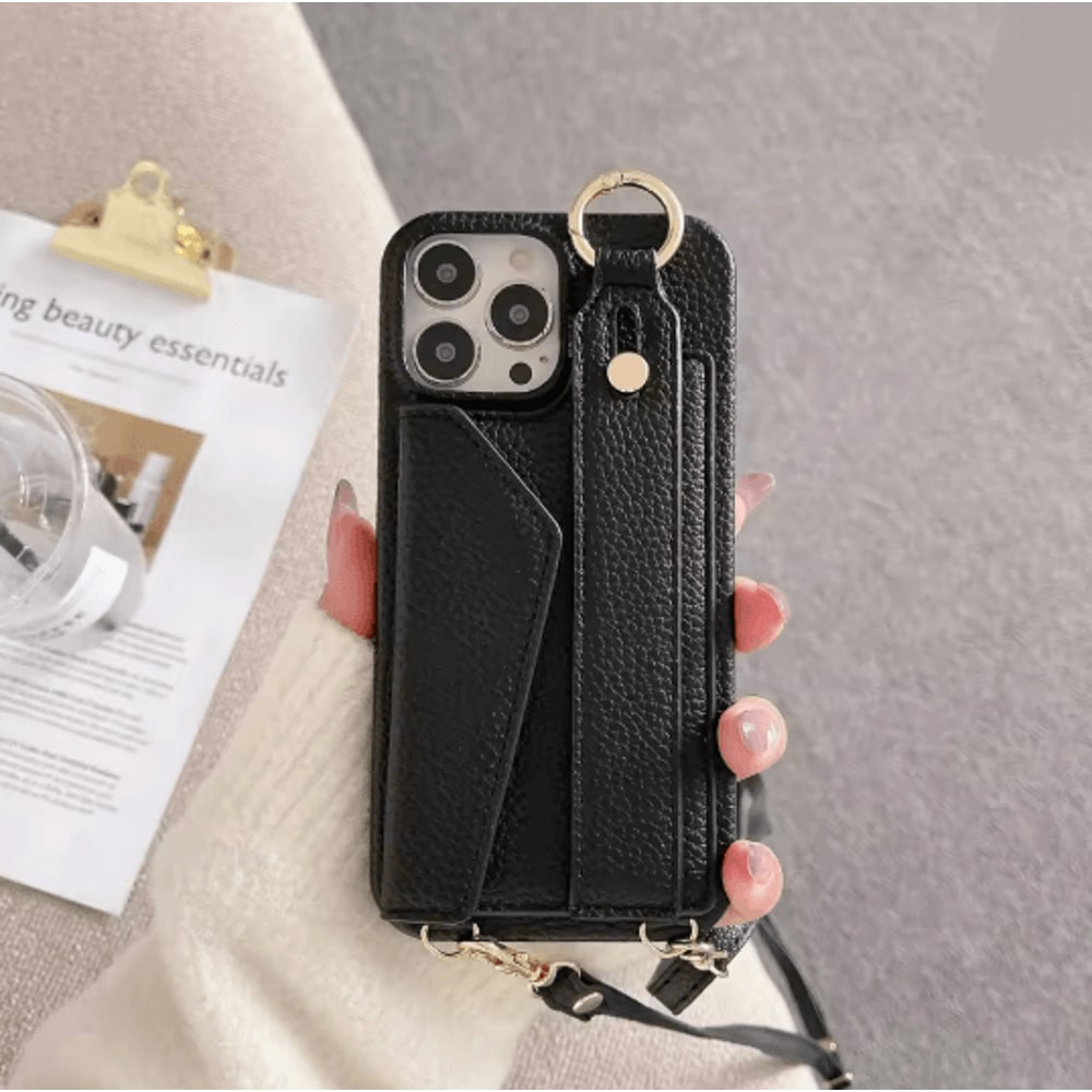 Leather Crossbody Wallet Phone Case With Ring Holder And Lanyard For IPhone 2