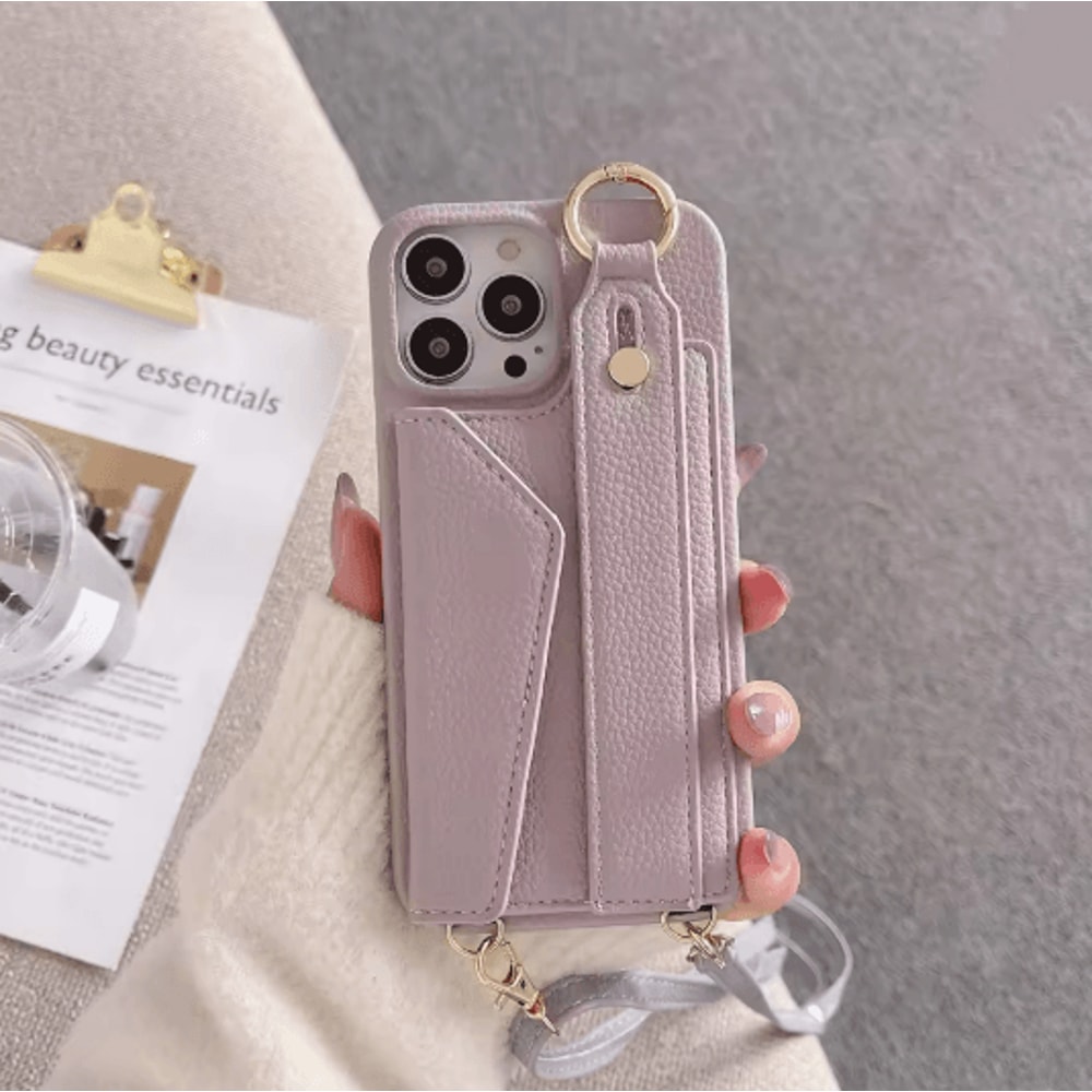 Leather Crossbody Wallet Phone Case With Ring Holder And Lanyard For IPhone 5