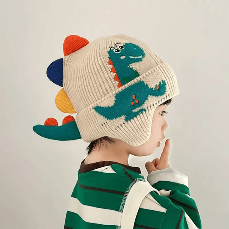 DinoWarm Kids Winter Ear Protection Hat Dinosaur Knitted Beanie 2