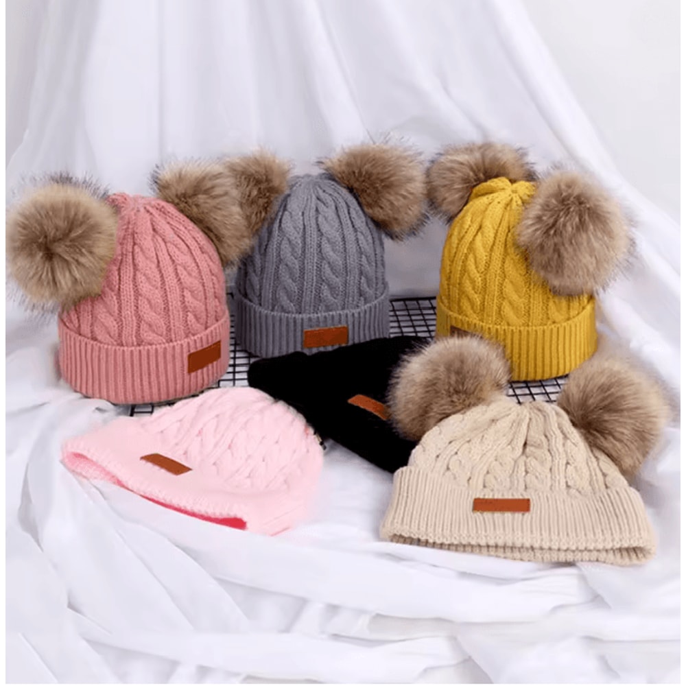 PomPom Cozy Kids Knit Beanie Double Wool Hat For Boys And Girls 0
