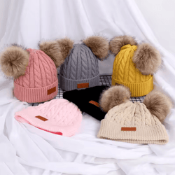 pompom cozy kids knit beanie double wool hat for boys and girls