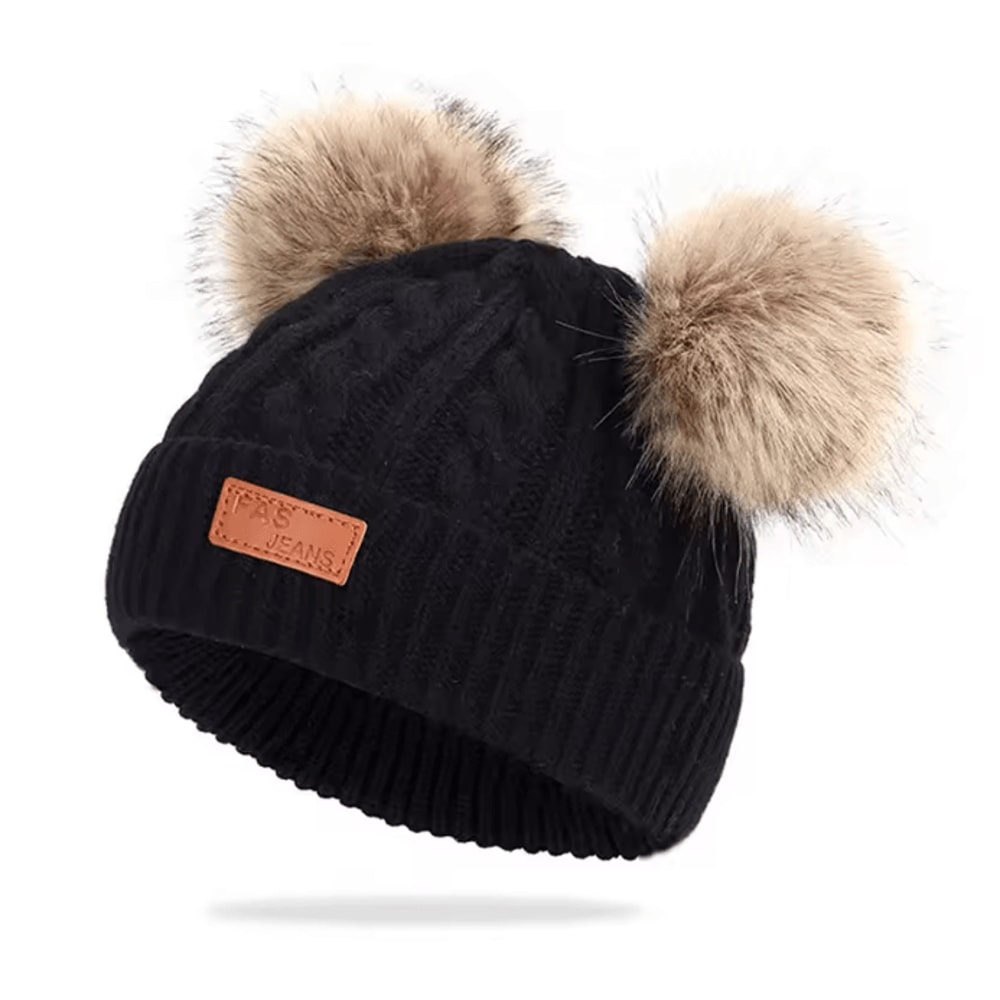 PomPom Cozy Kids Knit Beanie Double Wool Hat For Boys And Girls 5