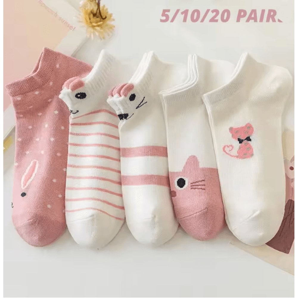 Women Pink Cat Thin Short Tube Socks Cute Casual Comfort Multipack 0