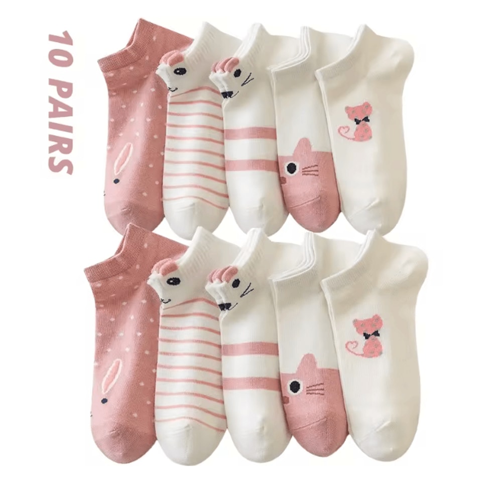 Women Pink Cat Thin Short Tube Socks Cute Casual Comfort Multipack 4
