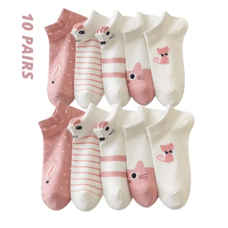 Women Pink Cat Thin Short Tube Socks Cute Casual Comfort Multipack 4