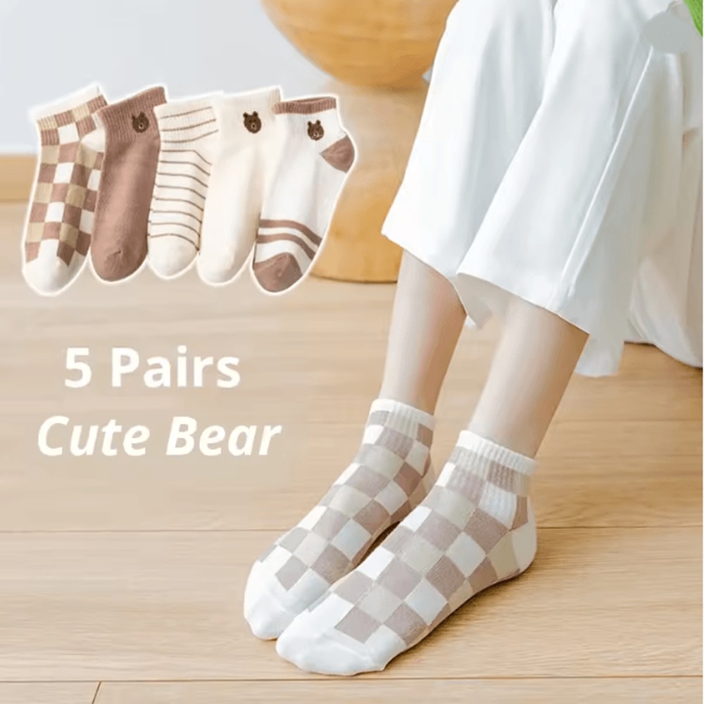 Women Pink Cat Thin Short Tube Socks Cute Casual Comfort Multipack 5