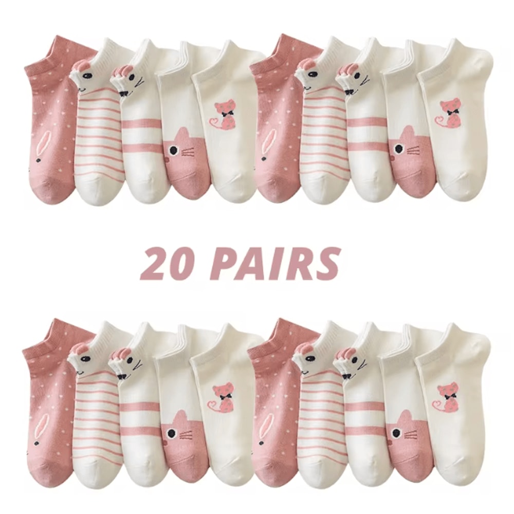 Women Pink Cat Thin Short Tube Socks Cute Casual Comfort Multipack 7