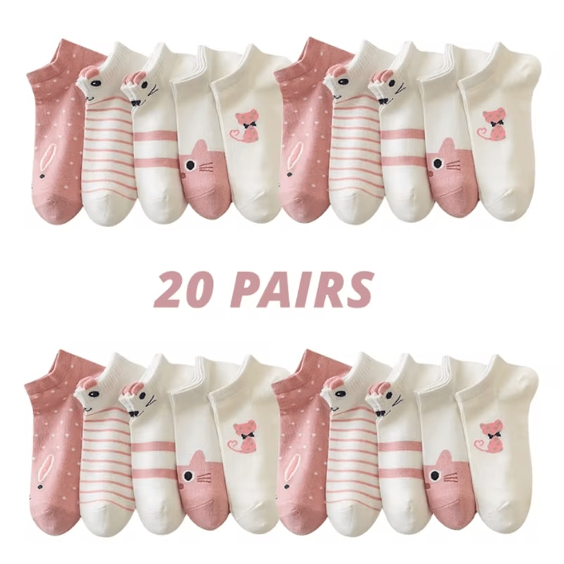Women Pink Cat Thin Short Tube Socks Cute Casual Comfort Multipack 7