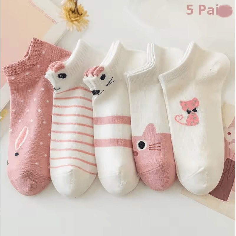 Women Pink Cat Thin Short Tube Socks Cute Casual Comfort Multipack 8