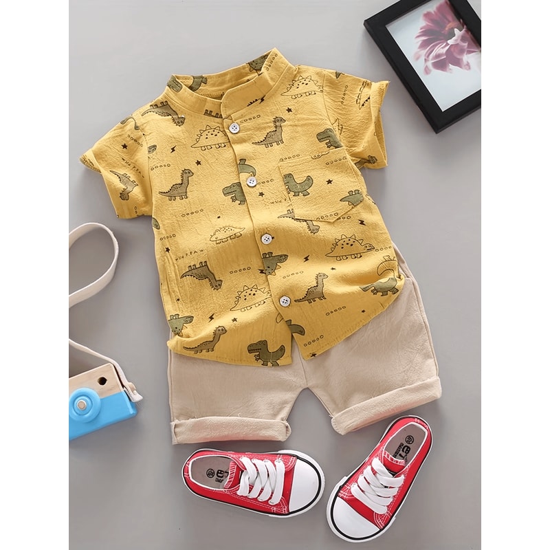 Toddler Dinosaur Print Summer Outfit Short Sleeve Shirt And Shorts Set 2