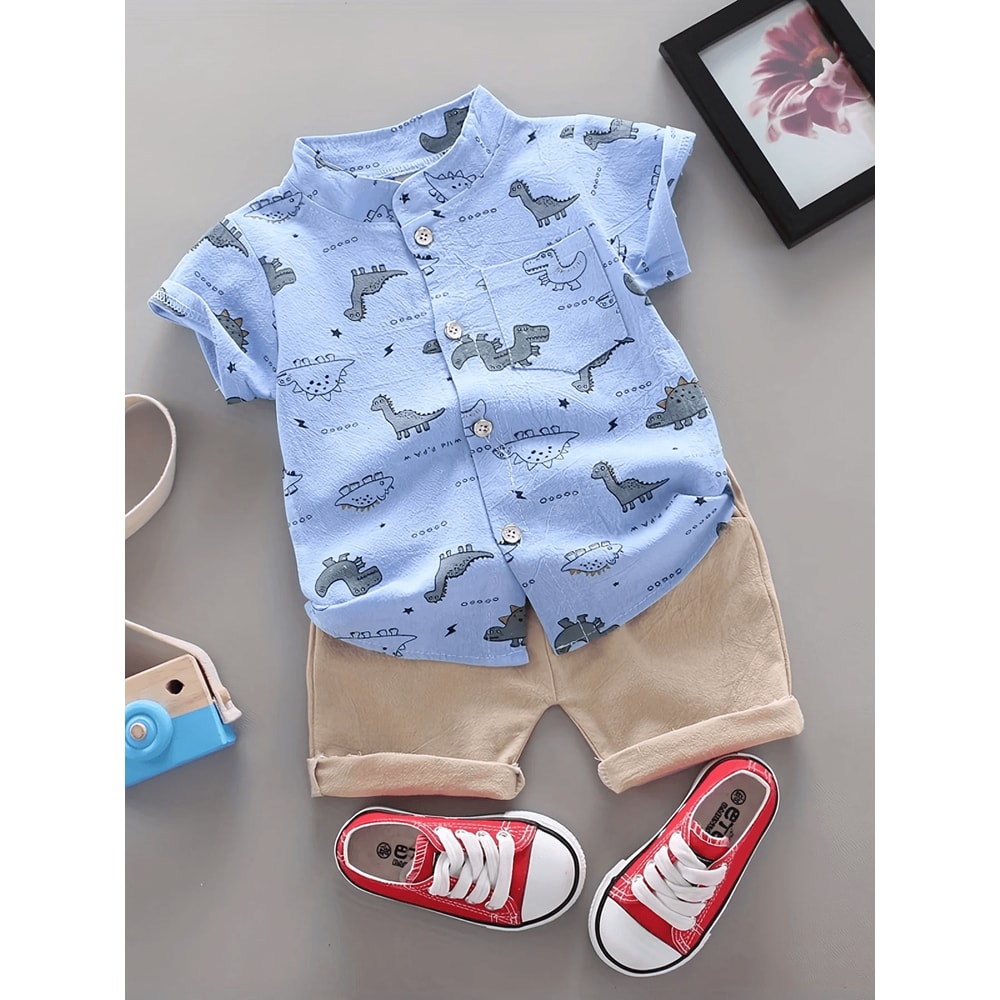 Toddler Dinosaur Print Summer Outfit Short Sleeve Shirt And Shorts Set 3