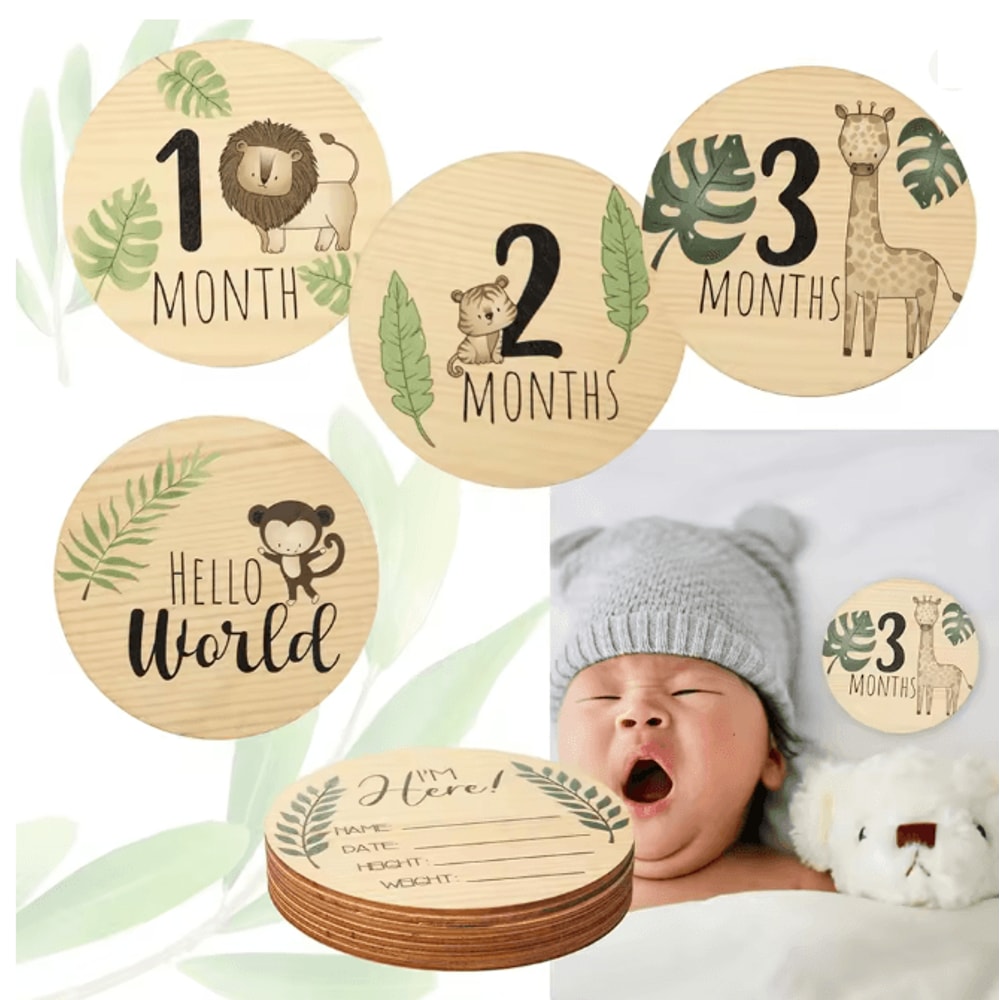 Wooden Baby Monthly Milestone Cards Newborn Photography Props Set 0