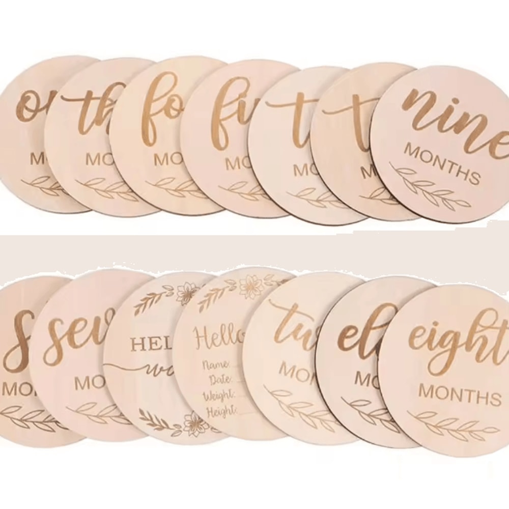 Wooden Baby Monthly Milestone Cards Newborn Photography Props Set 6